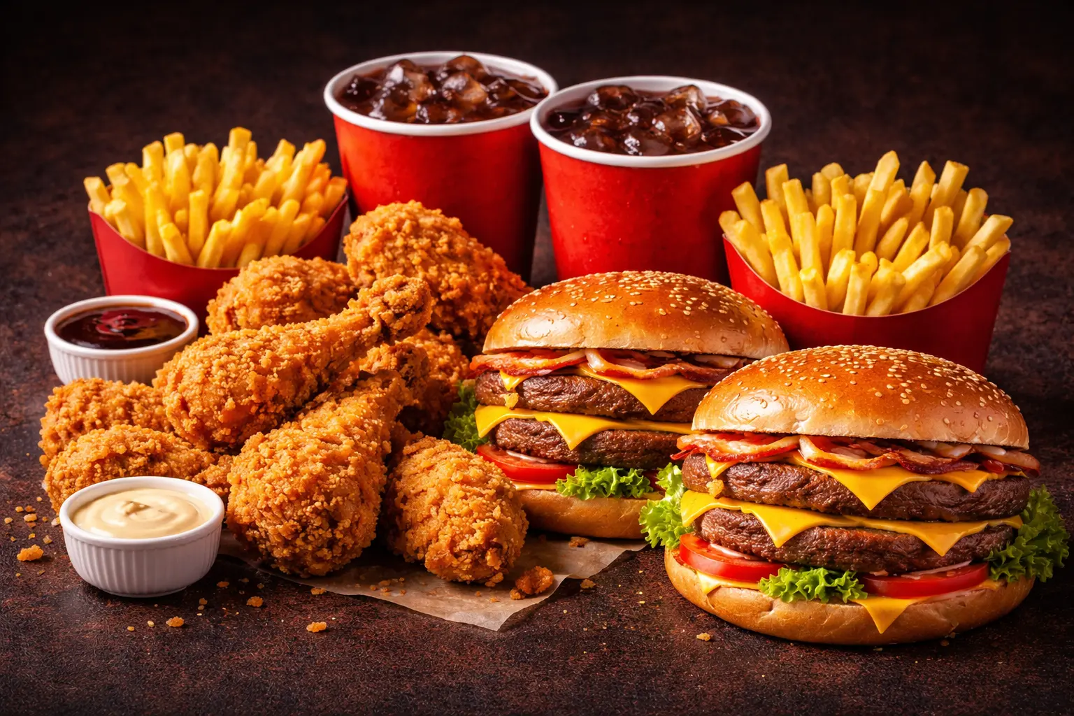 Family Feast combo with burgers fried chicken fries and drinks